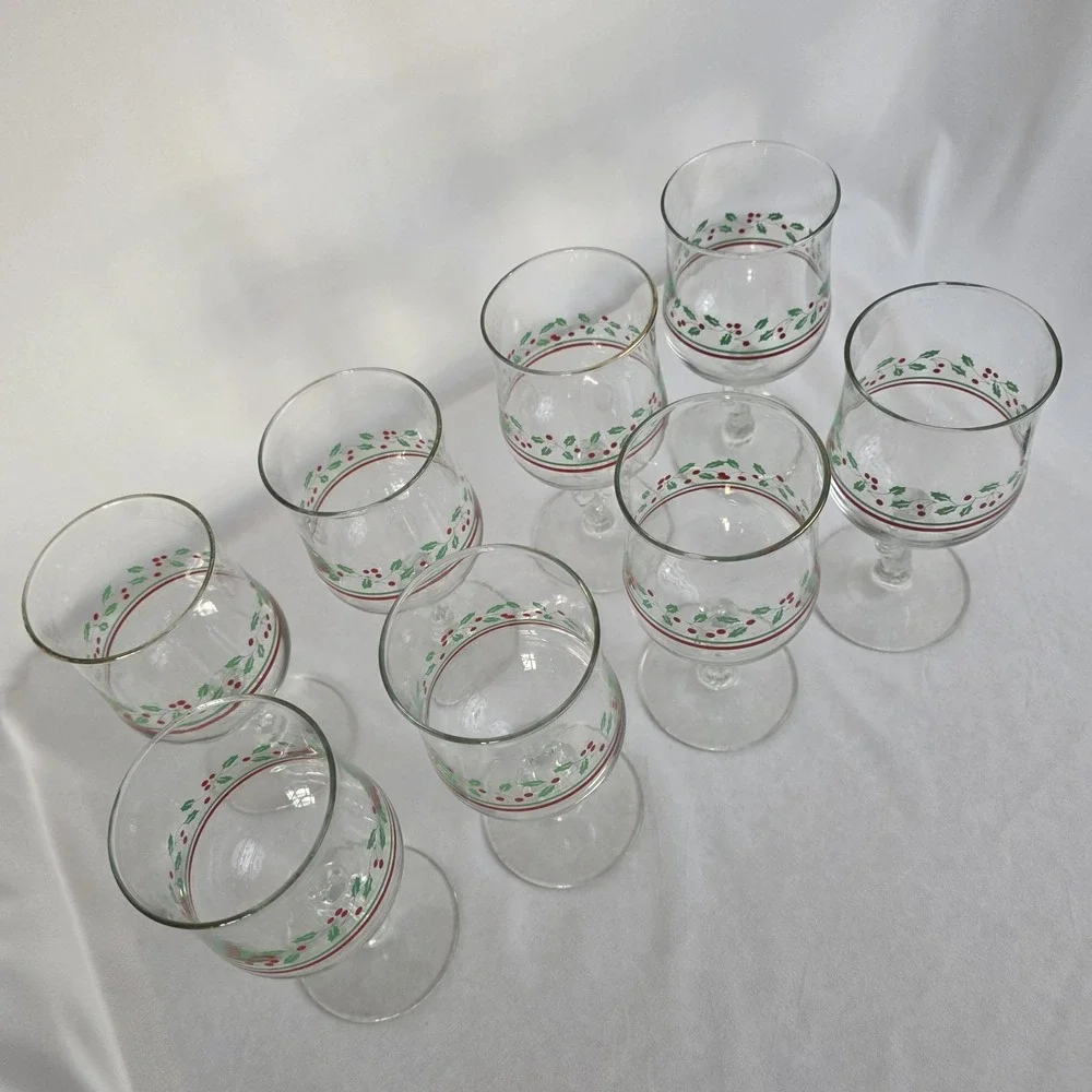 Arby's Libbey 1987 Holly & Berries Bow Stemmed Water Wine Glasses Set Of‎ 8